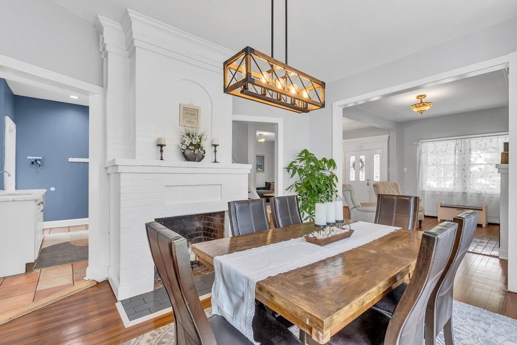 Dining room, Fireplace, Interior, Pendant Lights, Wood Texture Flooring