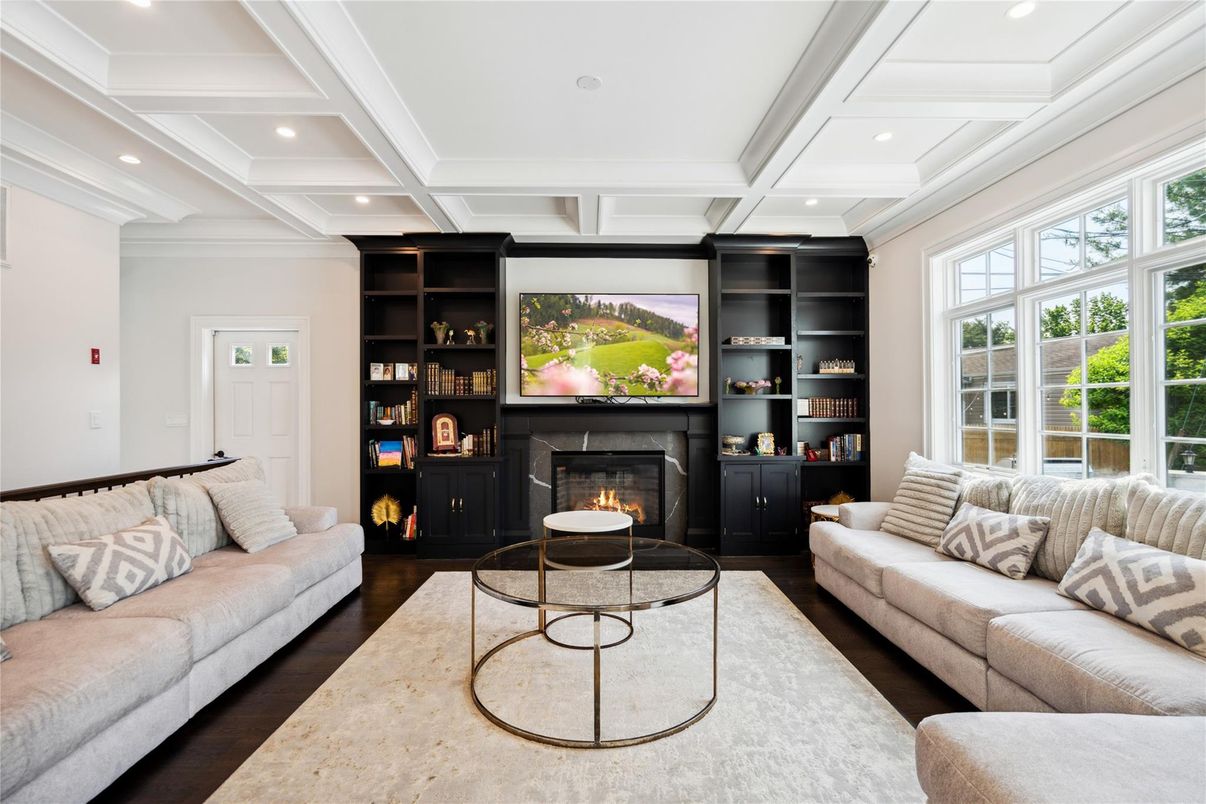 Fireplace, Interior, Living room, Recessed Lighting, Wood Texture Flooring