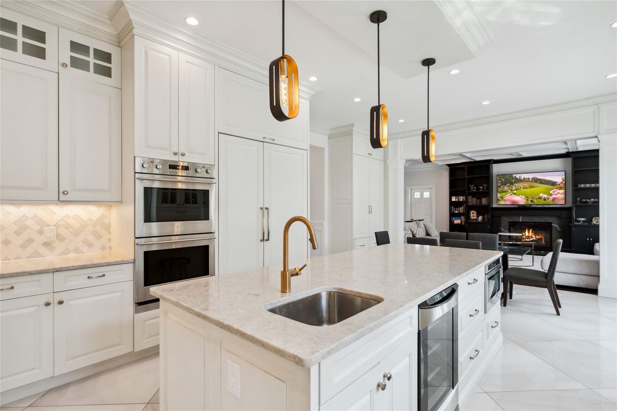 Dining room, Fireplace, Interior, Kitchen, Living room, Pendant Lights, Recessed Lighting, Stainless Steel Appliances