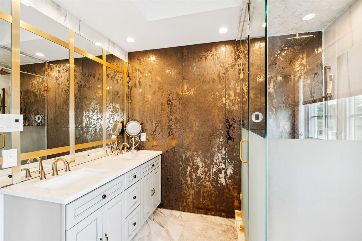 Bathroom, Dual Sink Vanities, Glass Shower, Interior, Marble, Recessed Lighting