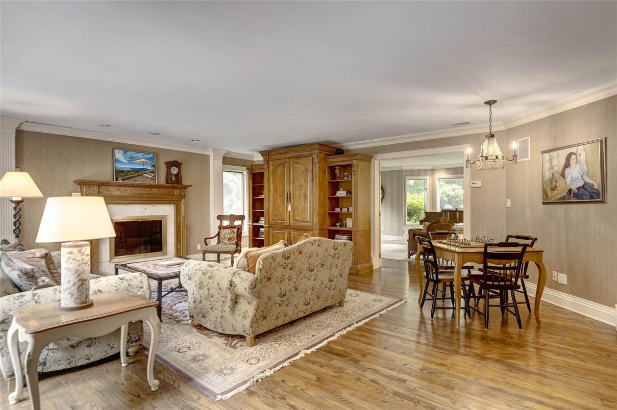 Chandelier, Dining room, Fireplace, Interior, Living room, Wood Texture Flooring