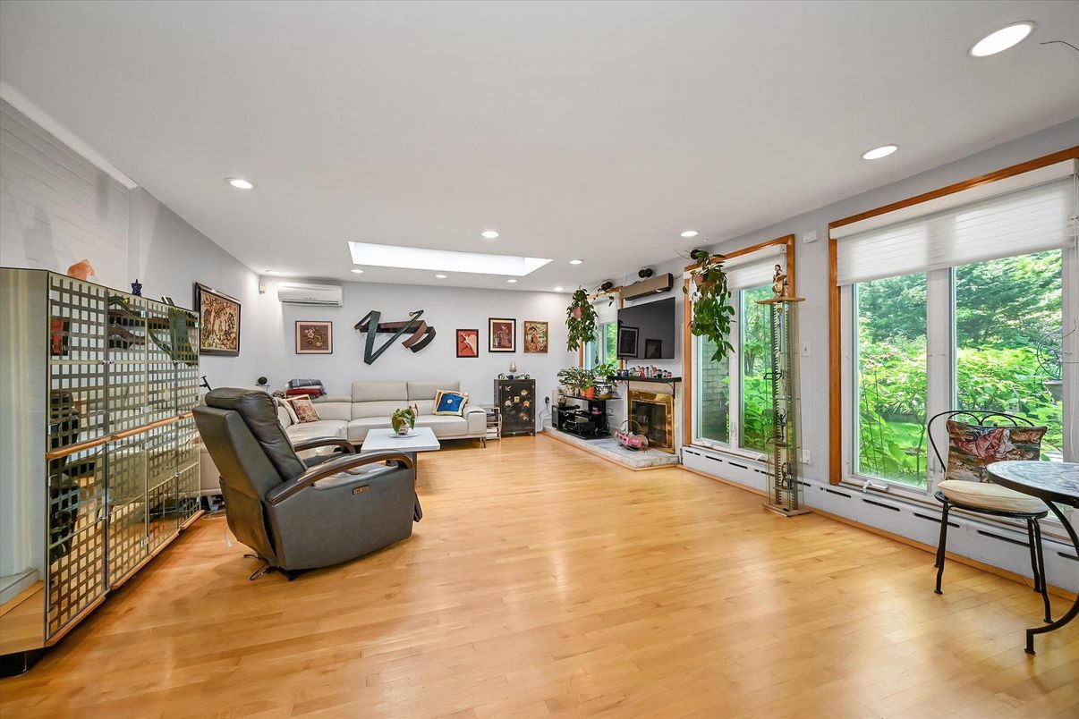 Fireplace, Interior, Living room, Recessed Lighting, Wood Texture Flooring