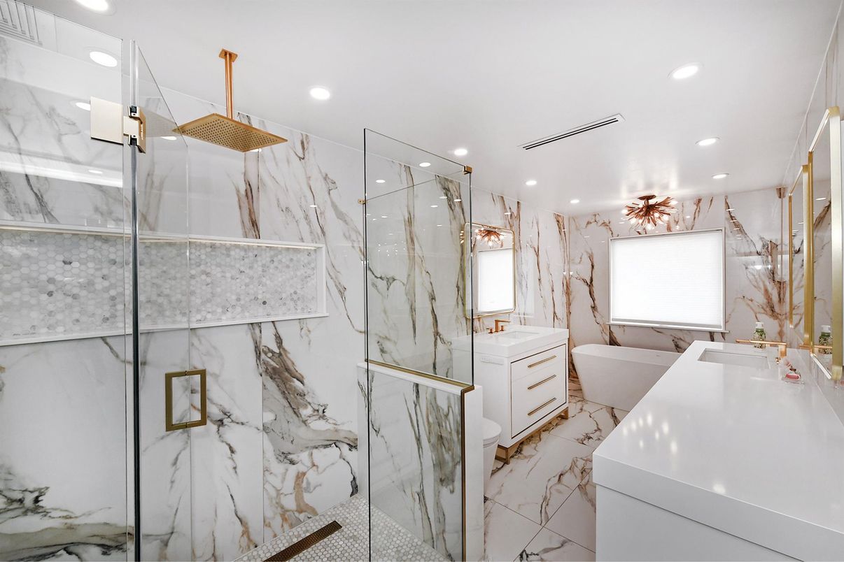 Bathroom, Free Standing Baths, Glass Shower, Interior, Marble, Marble Walls, Recessed Lighting