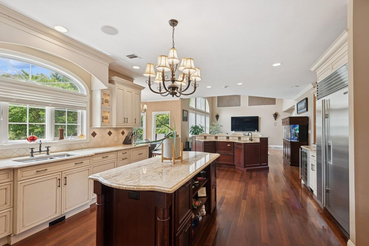 Chandelier, Interior, Kitchen, Recessed Lighting, Stainless Steel Appliances, Wood Texture Flooring