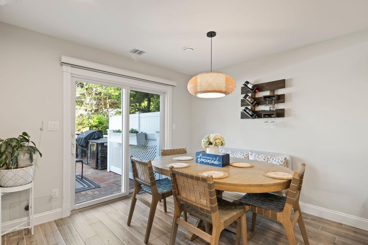 Dining room, Interior, Pendant Lights, Wood Texture Flooring