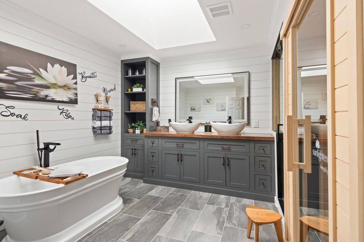 Bathroom, Dual Sink Vanities, Free Standing Baths, Interior, Recessed Lighting, Wood Texture Flooring
