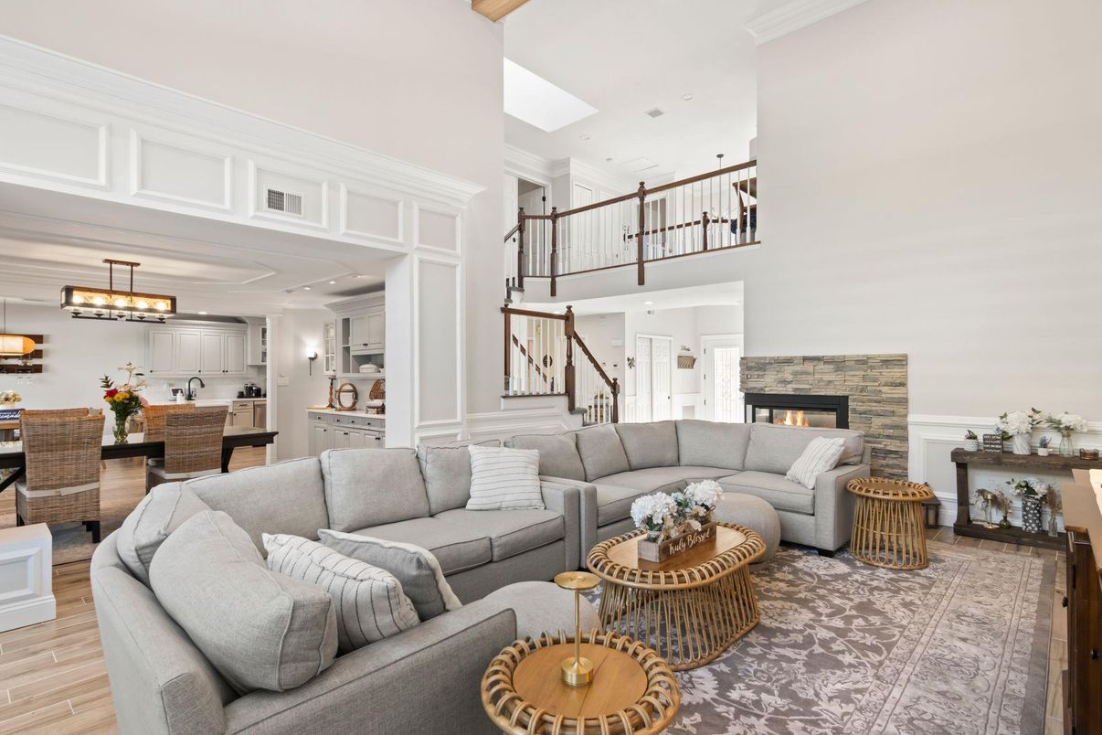 Dining room, Fireplace, Interior, Kitchen, Living room, Pendant Lights, Recessed Lighting, Wood Texture Flooring