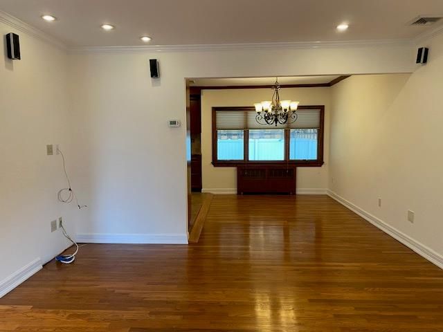 Chandelier, Empty room, Interior, Recessed Lighting, Wood Texture Flooring