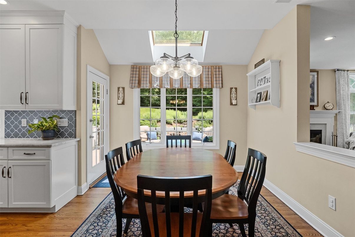 Dining room, Interior, Pendant Lights, Recessed Lighting, Wood Texture Flooring