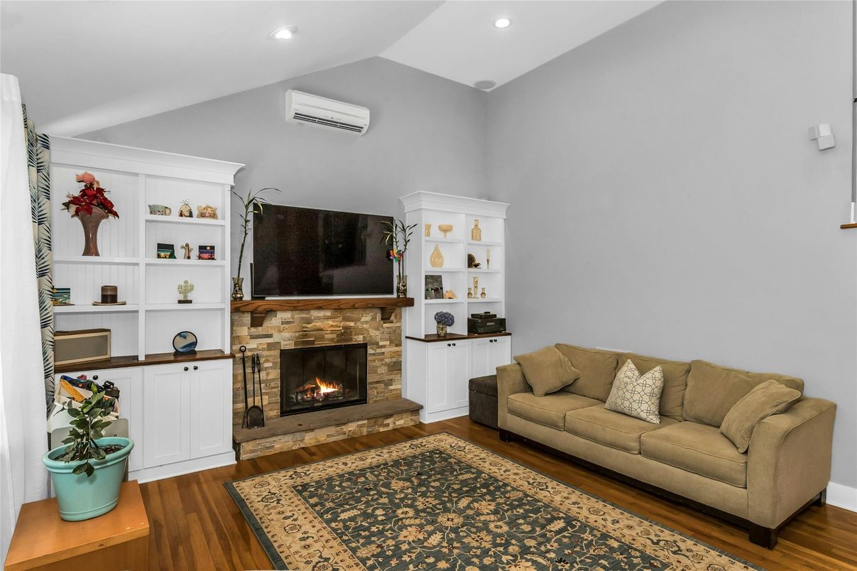 Fireplace, Interior, Living room, Recessed Lighting, Wood Texture Flooring
