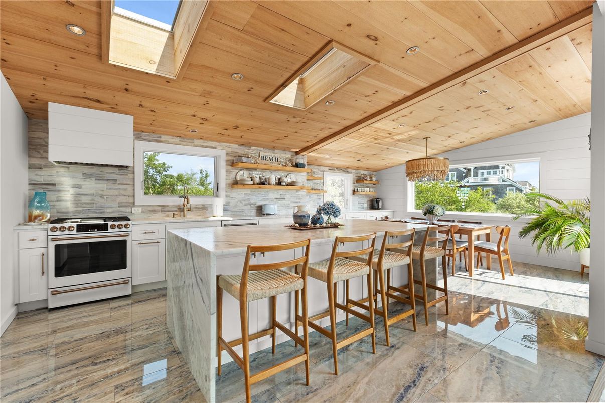 Interior, Kitchen, Pendant Lights, Recessed Lighting, Stainless Steel Appliances, Wooden Ceilings, Wood Texture Flooring