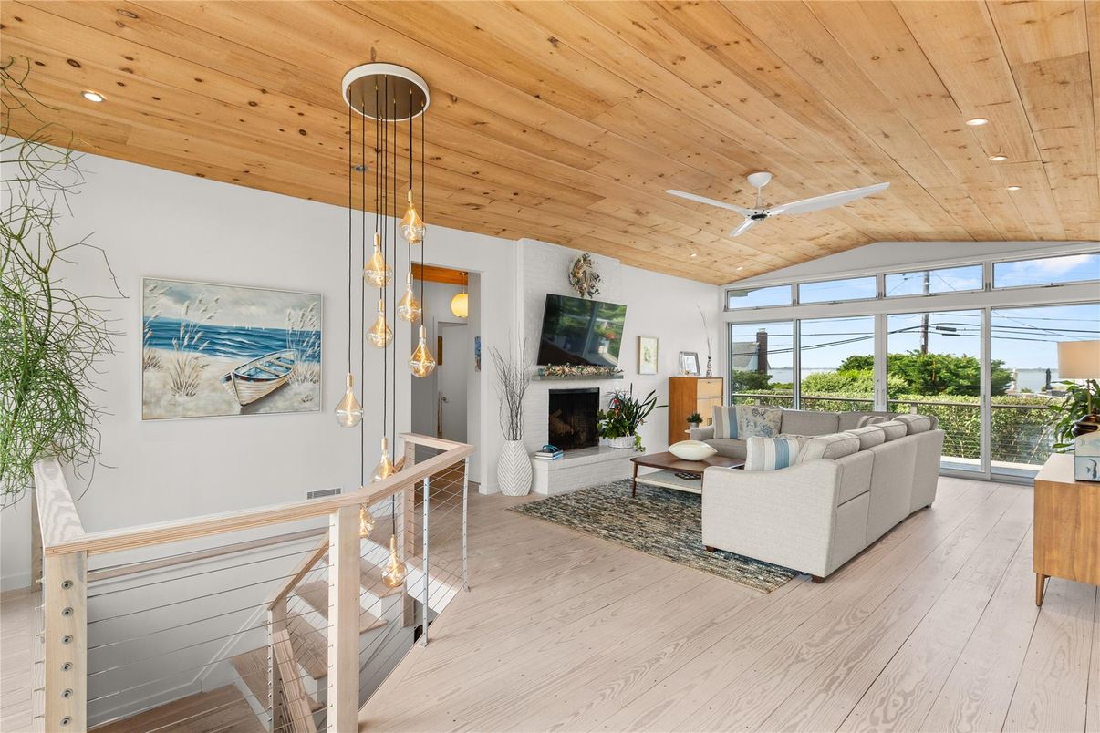 Fireplace, Interior, Living room, Pendant Lights, Recessed Lighting, Wooden Ceilings, Wood Texture Flooring