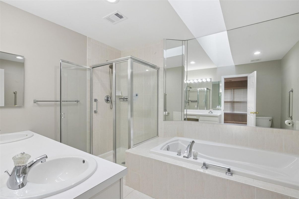 Bathroom, Dual Sink Vanities, Glass Shower, Interior, Recessed Lighting