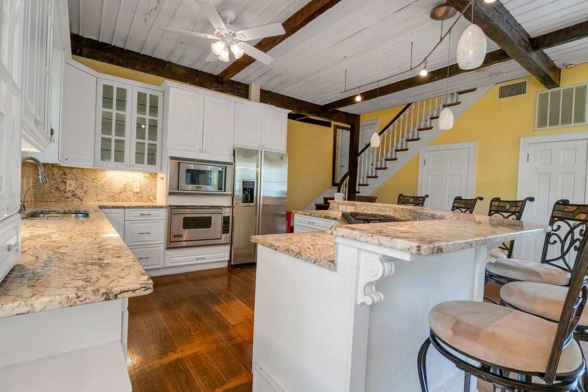 Interior, Kitchen, Pendant Lights, Stainless Steel Appliances, Wooden Beams, Wood Texture Flooring