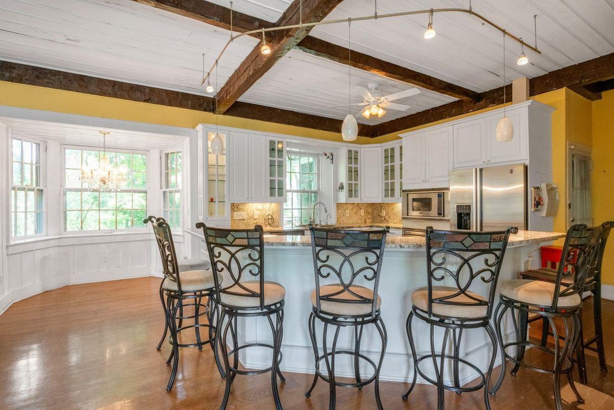 Chandelier, Interior, Kitchen, Pendant Lights, Stainless Steel Appliances, Wooden Beams, Wood Texture Flooring