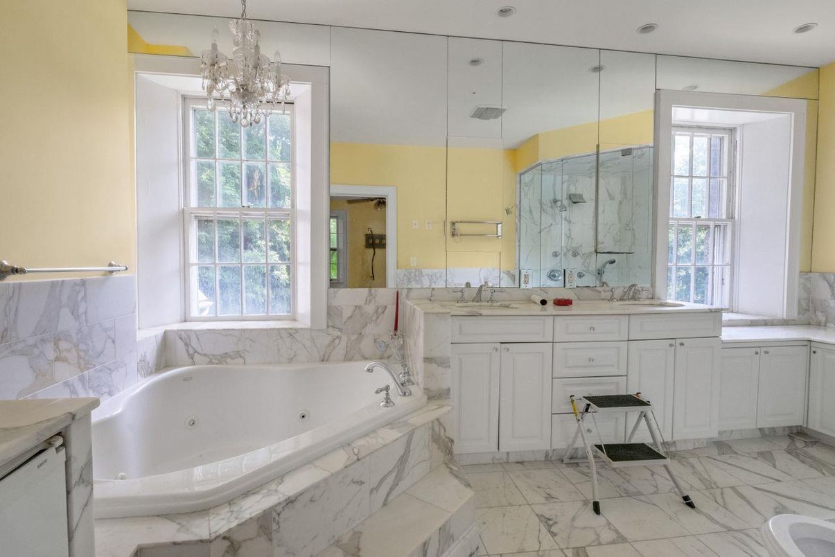 Bathroom, Chandelier, Dual Sink Vanities, Interior, Marble, Marble Walls