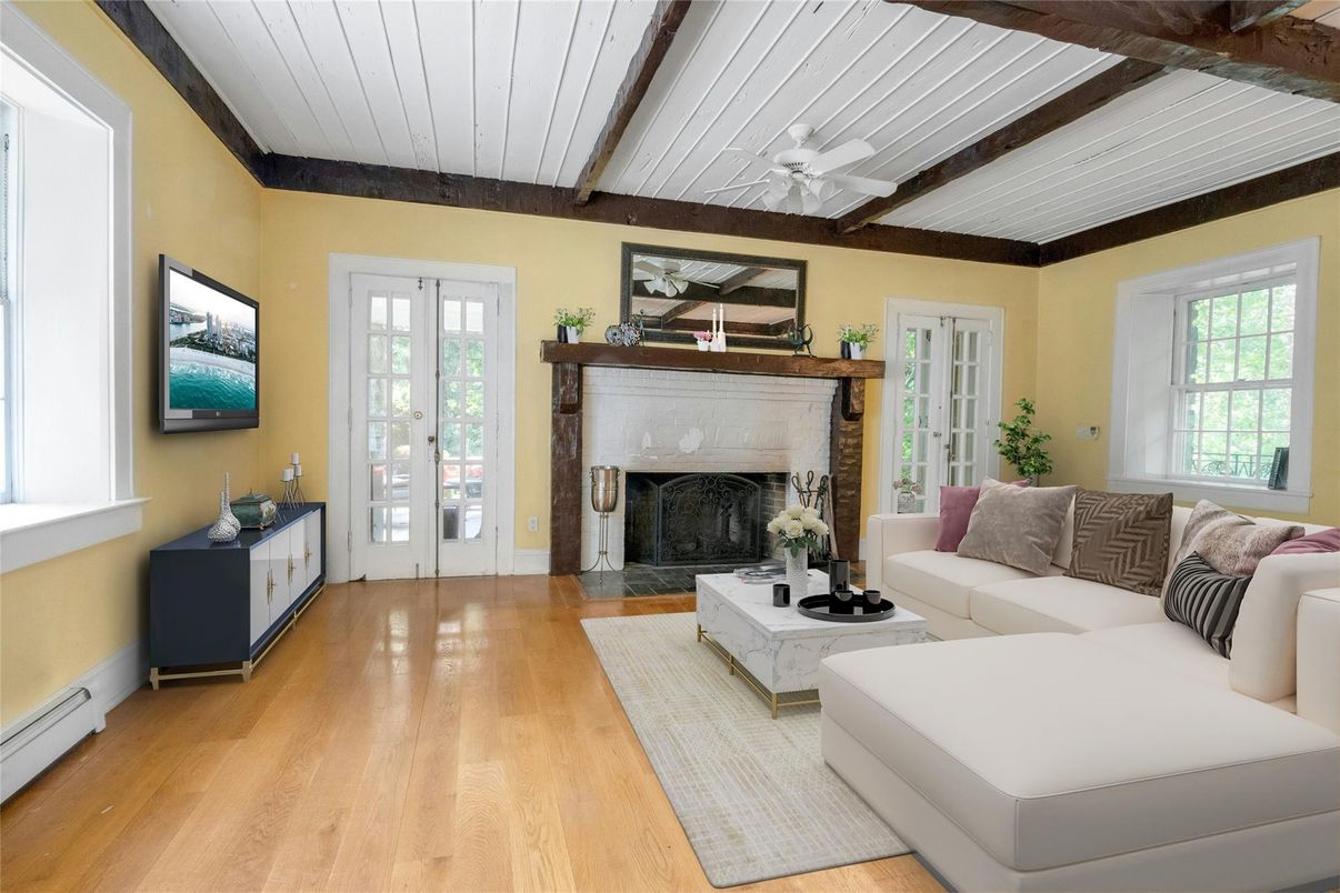 Fireplace, Interior, Living room, Wooden Beams, Wood Texture Flooring