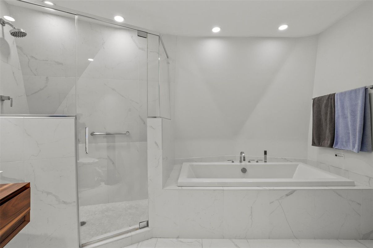 Bathroom, Glass Shower, Interior, Marble Walls, Recessed Lighting