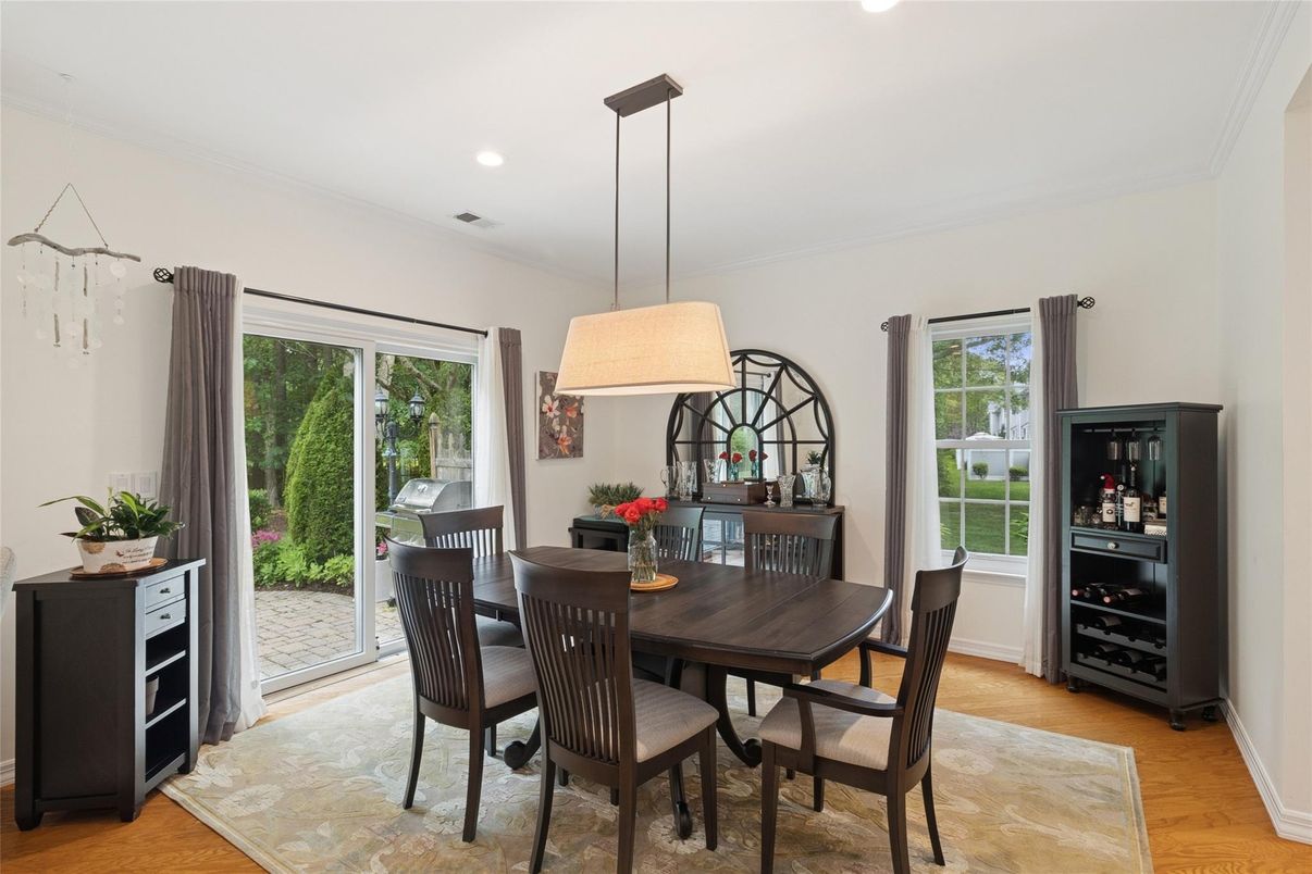 Dining room, Interior, Pendant Lights, Recessed Lighting, Wood Texture Flooring