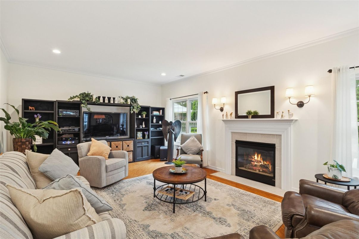 Fireplace, Interior, Living room, Recessed Lighting, Wood Texture Flooring