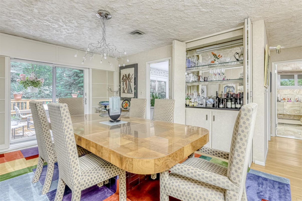 Dining room, Interior, Pendant Lights, Wood Texture Flooring