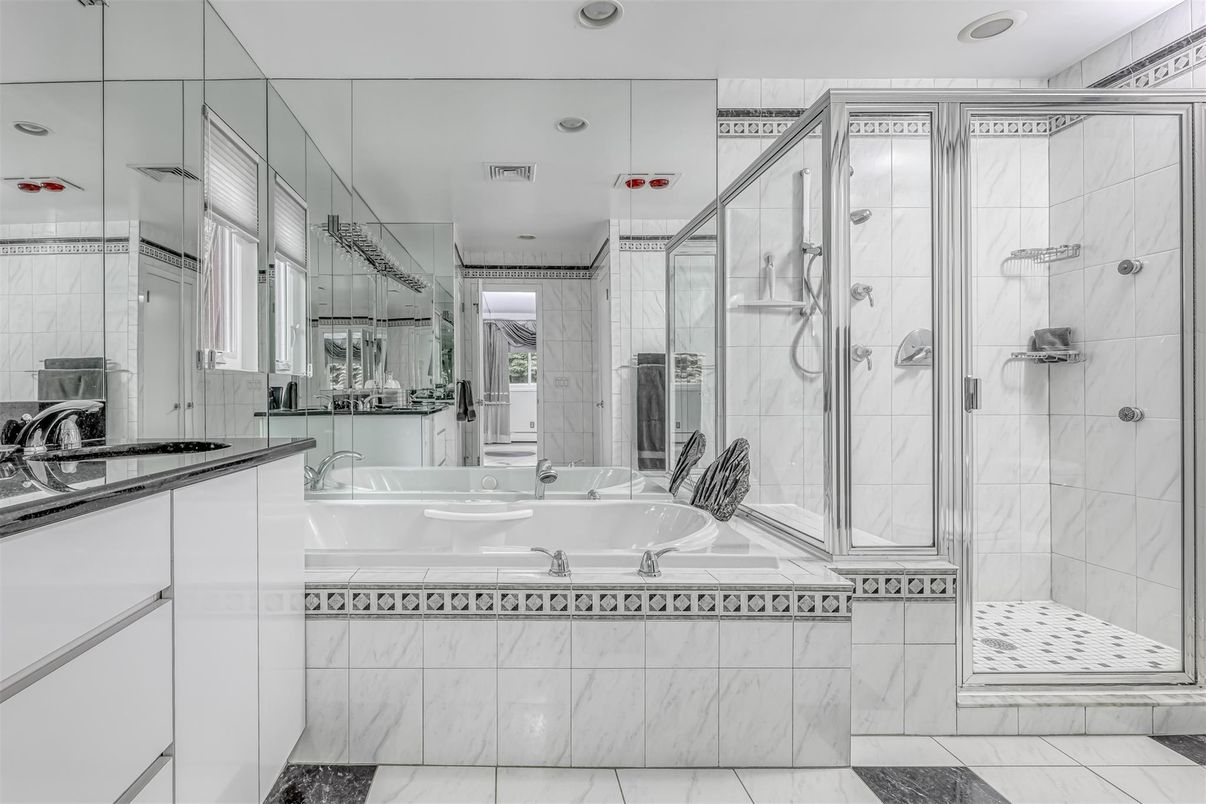 Bathroom, Glass Shower, Interior, Marble Walls, Recessed Lighting