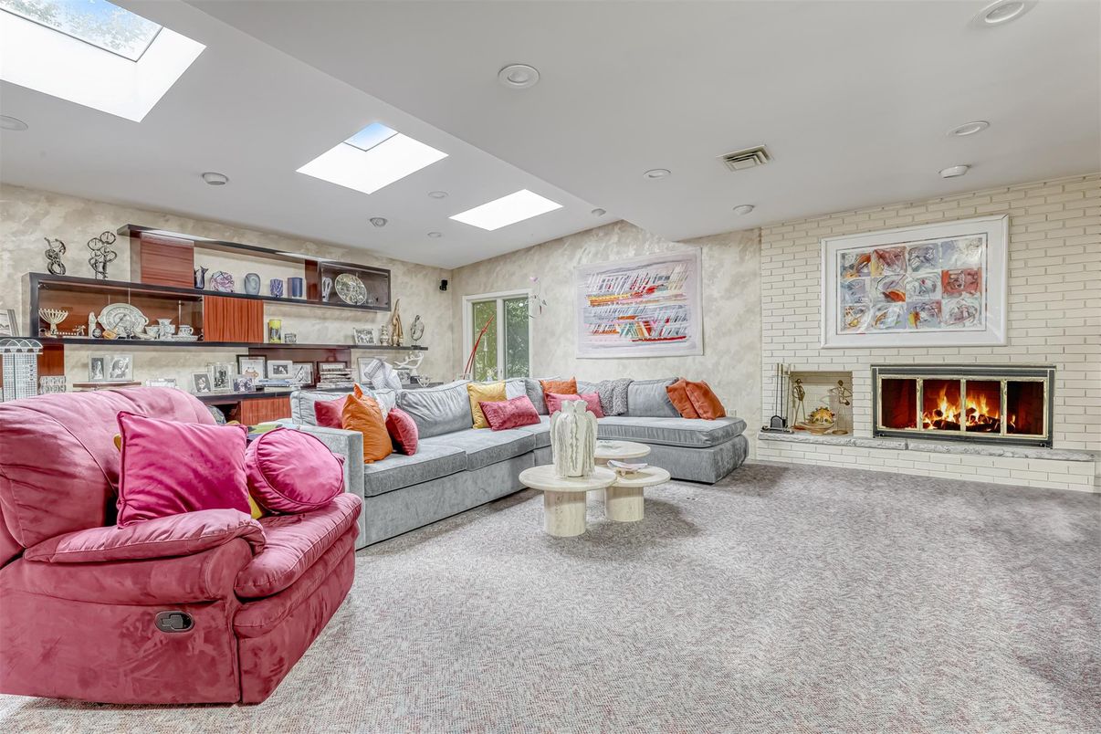 Fireplace, Interior, Living room, Recessed Lighting, Stone Walls