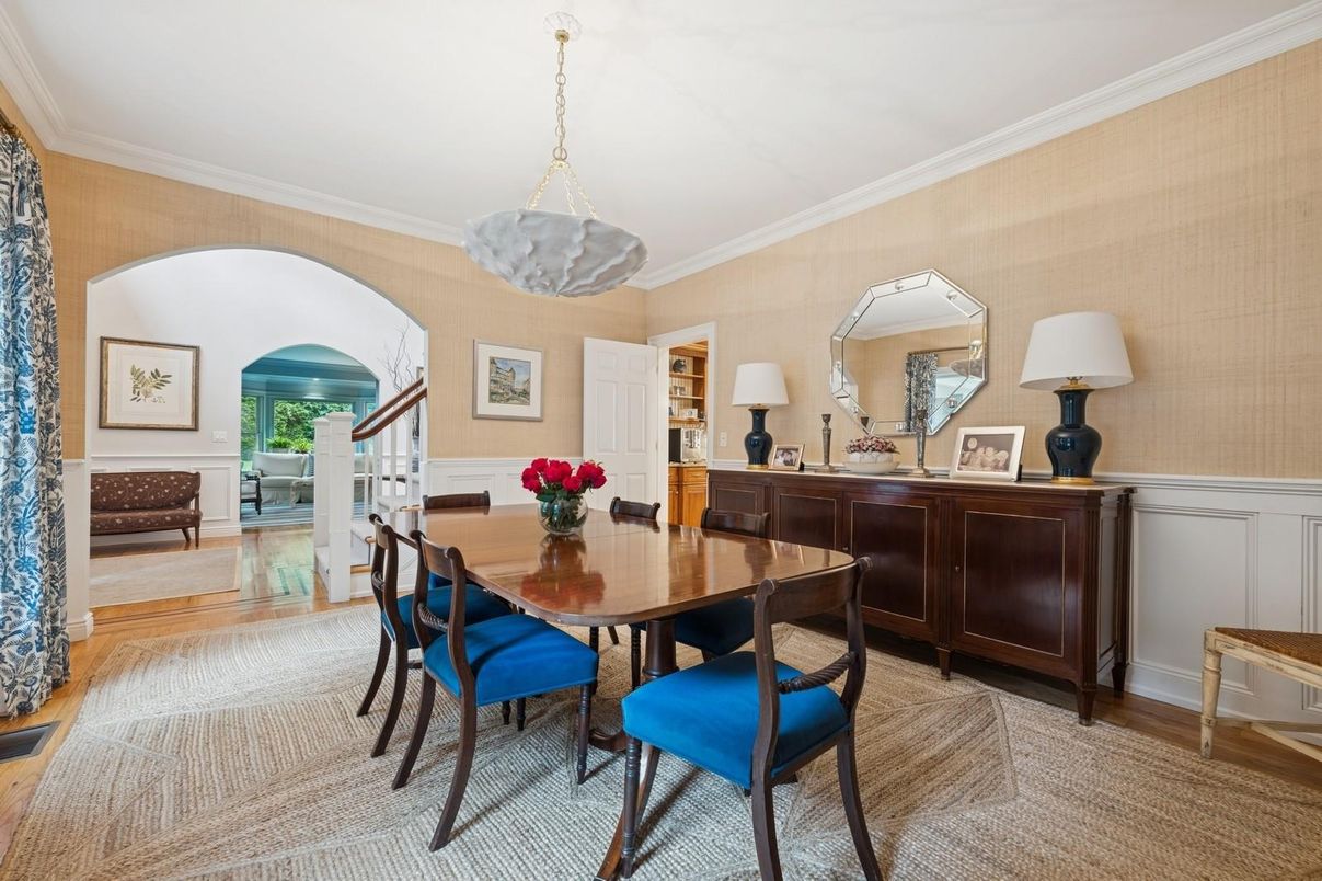 Dining room, Interior, Pendant Lights, Wood Texture Flooring