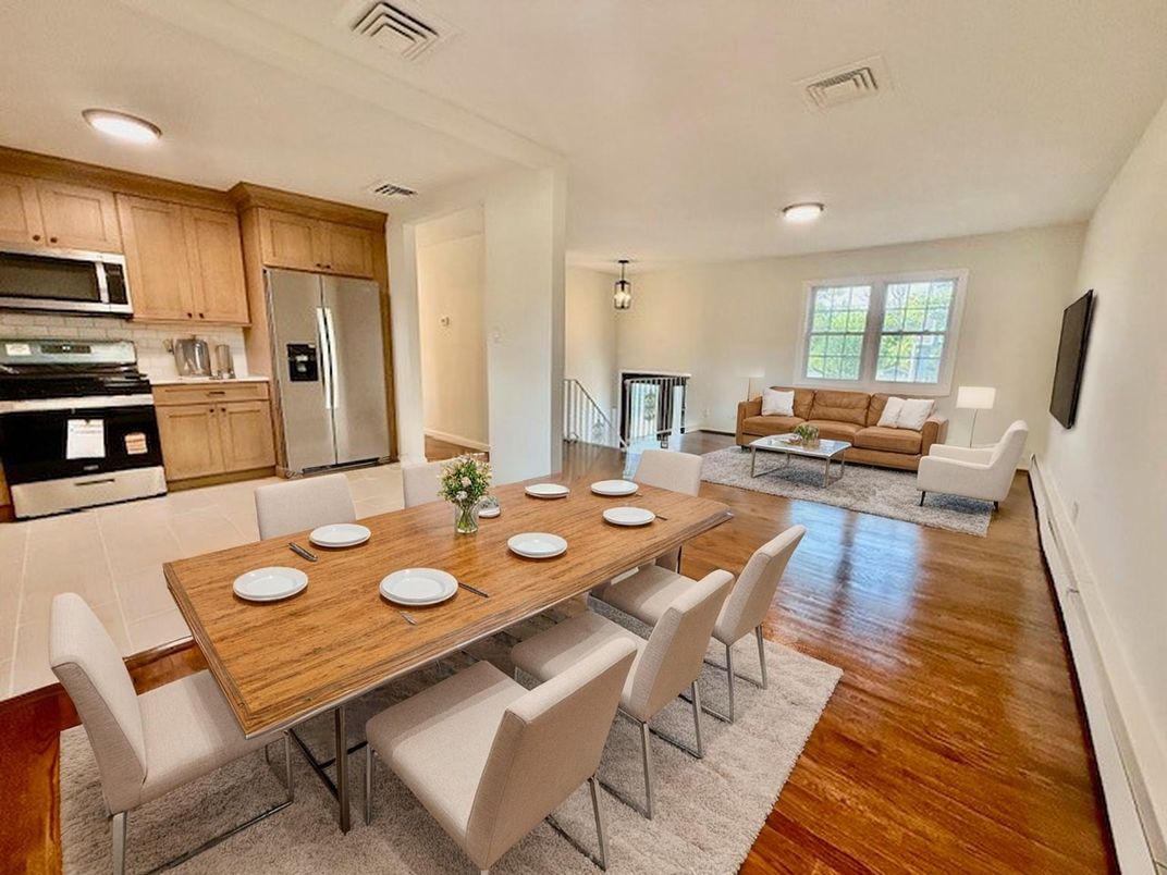Dining room, Interior, Kitchen, Living room, Stainless Steel Appliances, Wood Texture Flooring