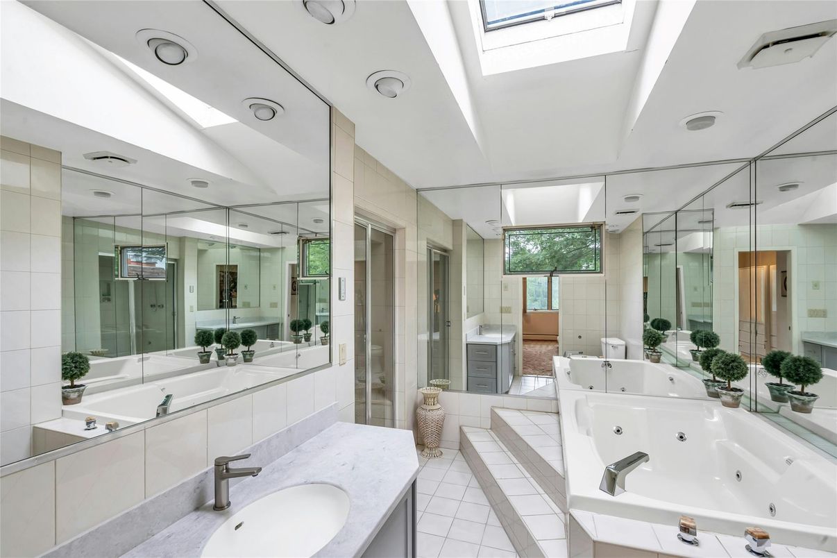 Bathroom, Dual Sink Vanities, Glass Ceilings, Glass Shower, Interior, Recessed Lighting