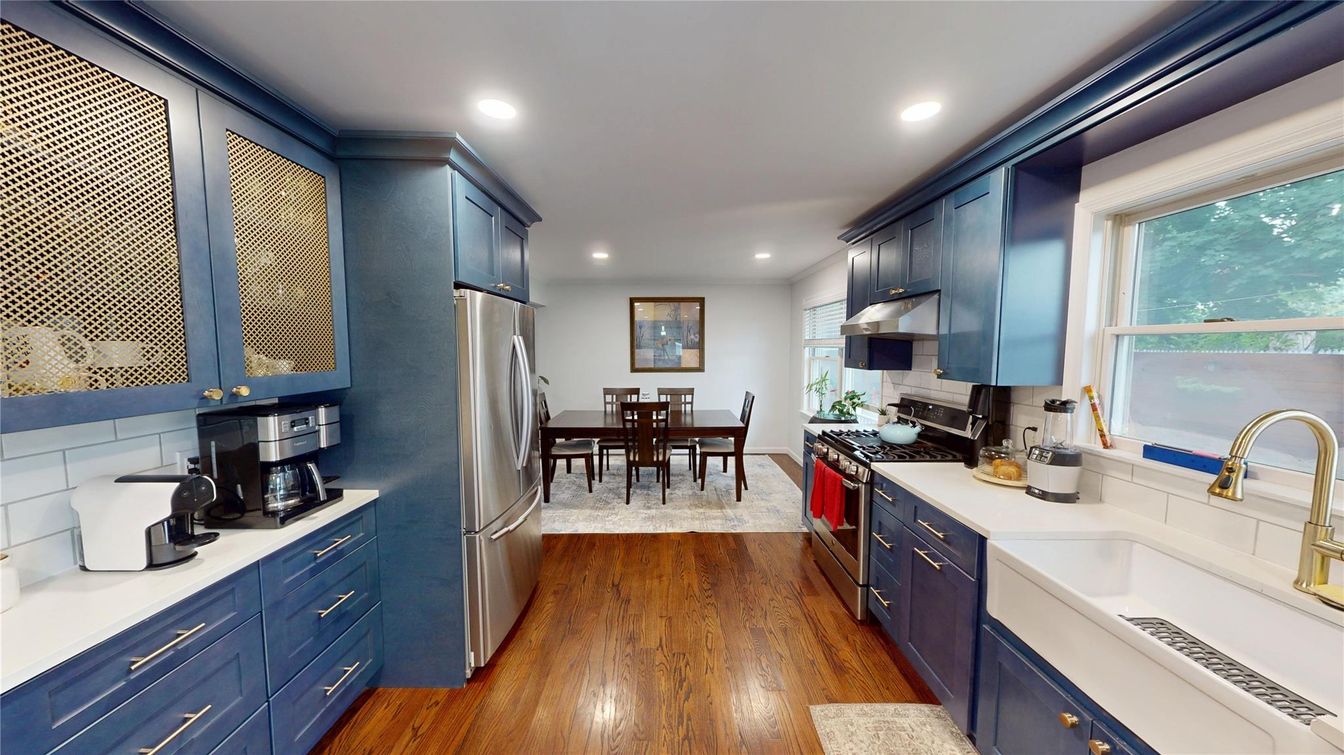 Dining room, Interior, Kitchen, Recessed Lighting, Stainless Steel Appliances, Wood Texture Flooring