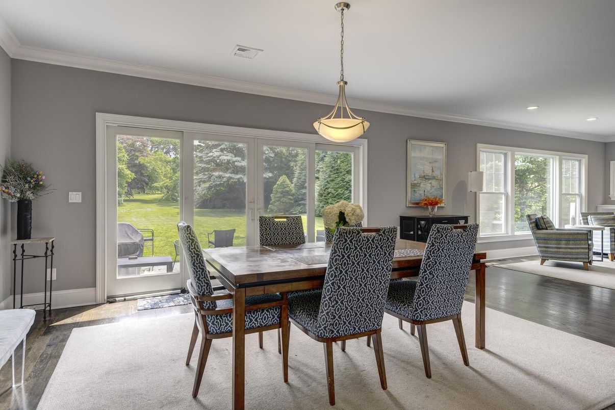 Dining room, Interior, Pendant Lights, Recessed Lighting, Wood Texture Flooring
