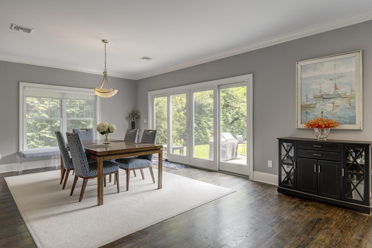 Dining room, Interior, Pendant Lights, Wood Texture Flooring