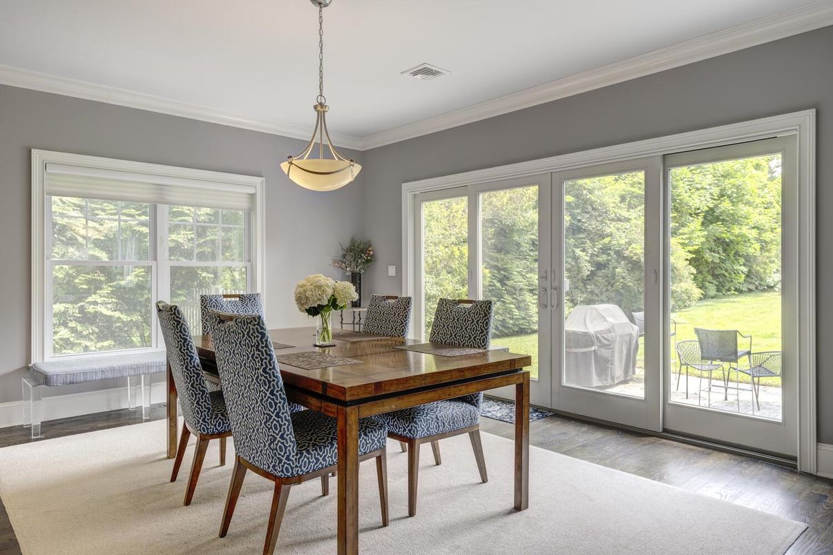 Dining room, Interior, Pendant Lights, Wood Texture Flooring