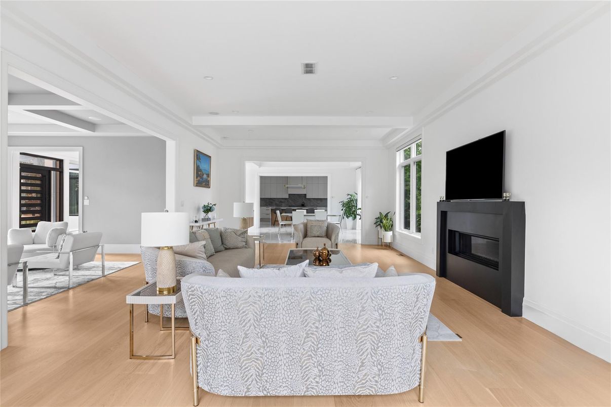 Dining room, Fireplace, Interior, Living room, Recessed Lighting, Wood Texture Flooring