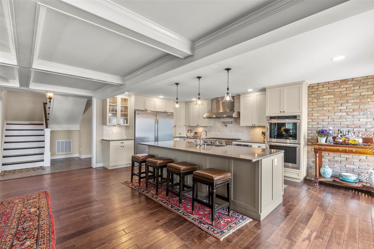 Interior, Kitchen, Pendant Lights, Recessed Lighting, Stainless Steel Appliances, Stone Walls, Wood Texture Flooring