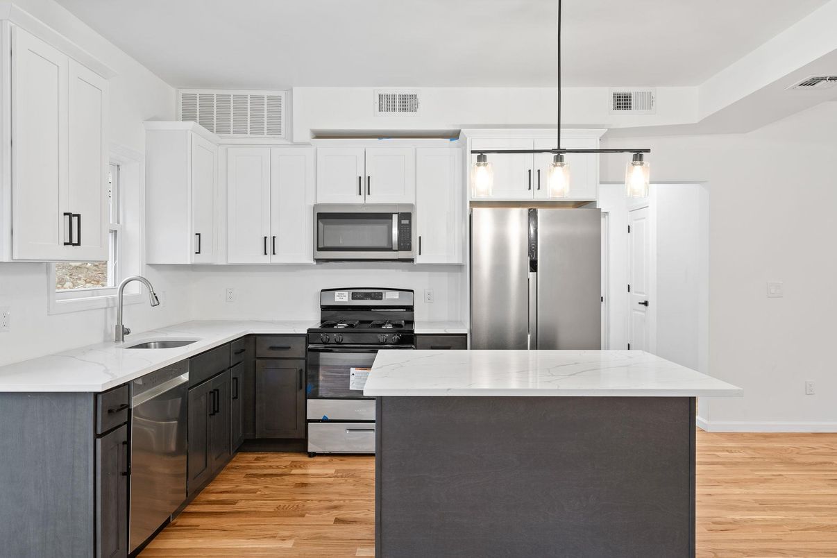 Interior, Kitchen, Pendant Lights, Stainless Steel Appliances, Wood Texture Flooring