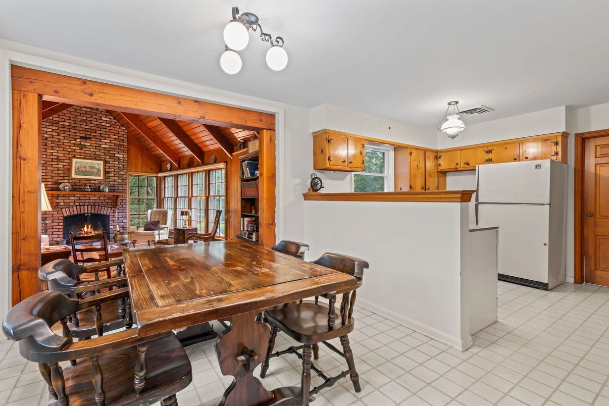 Dining room, Fireplace, Interior, Kitchen, Stone Walls, Wooden Beams, Wooden Ceilings, Wooden Walls