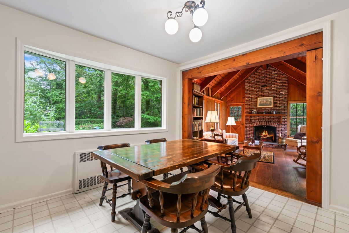Dining room, Fireplace, Interior, Living room, Stone Walls, Wooden Beams, Wooden Ceilings, Wood Texture Flooring, Wooden Walls