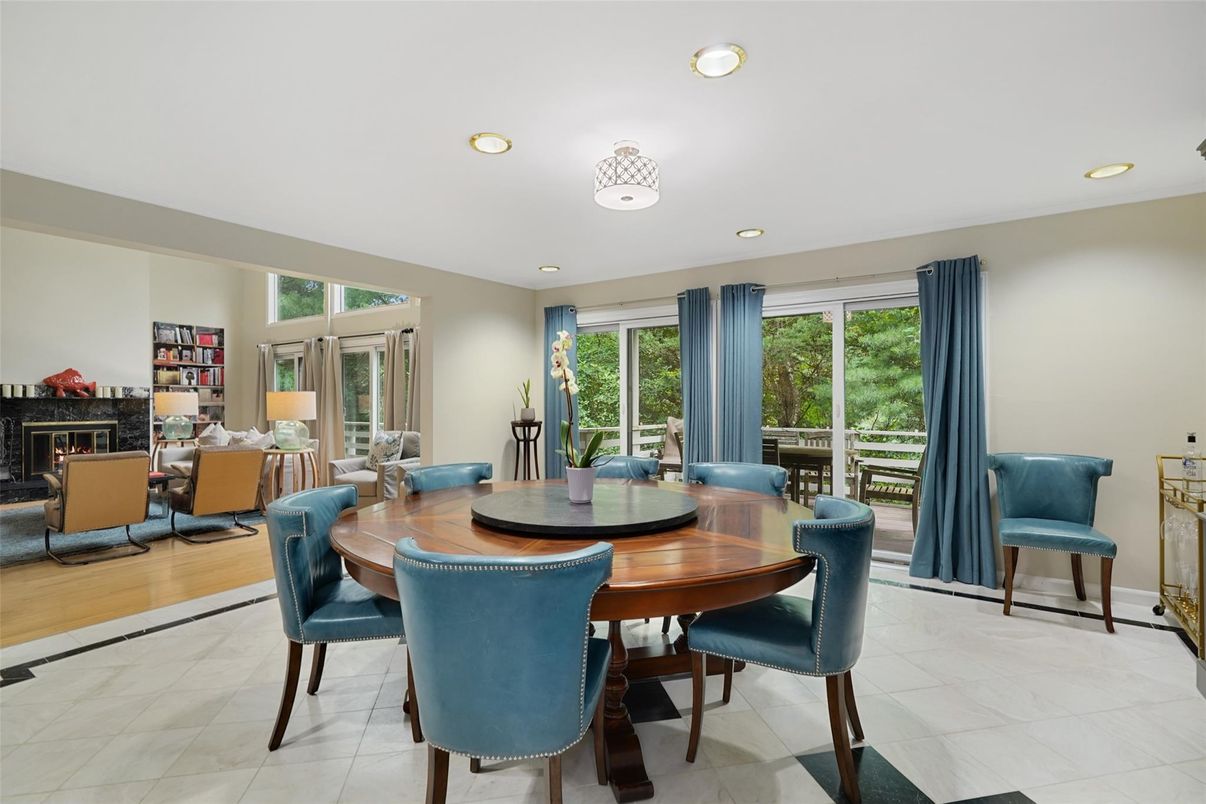 Dining room, Fireplace, Interior, Living room, Recessed Lighting, Wood Texture Flooring