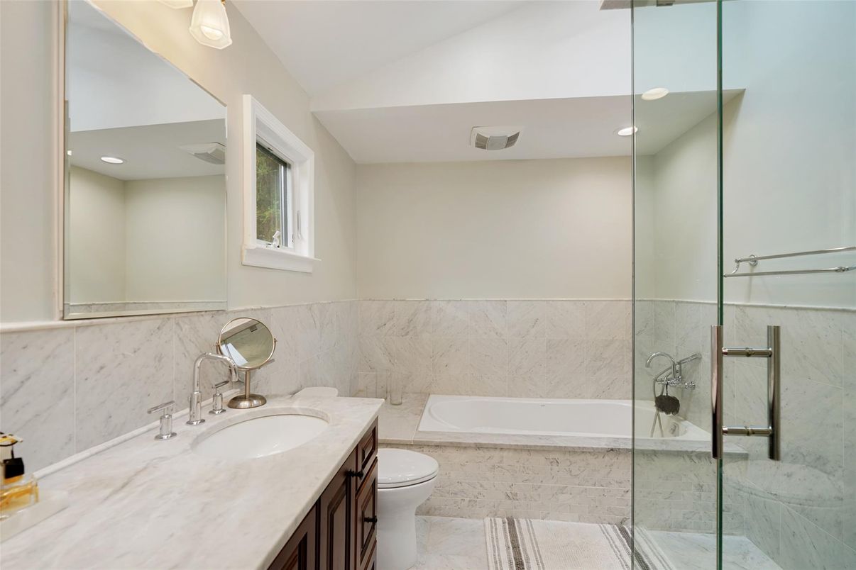 Bathroom, Glass Shower, Interior, Marble Walls, Recessed Lighting