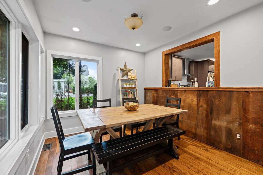 Dining room, Interior, Recessed Lighting, Wood Texture Flooring
