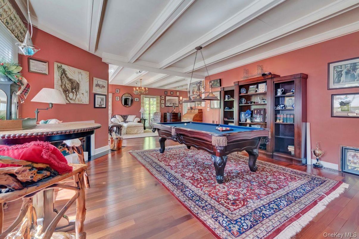 Billiard Table, Chandelier, Game Room, Interior, Pendant Lights, Wood Texture Flooring