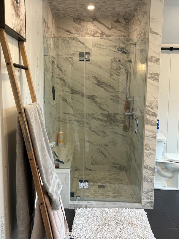 Bathroom, Glass Shower, Interior, Marble Walls, Recessed Lighting