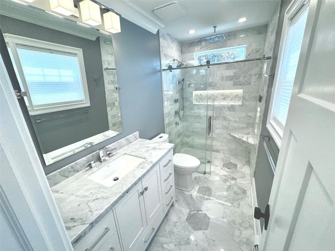 Bathroom, Glass Shower, Interior, Marble Walls, Recessed Lighting