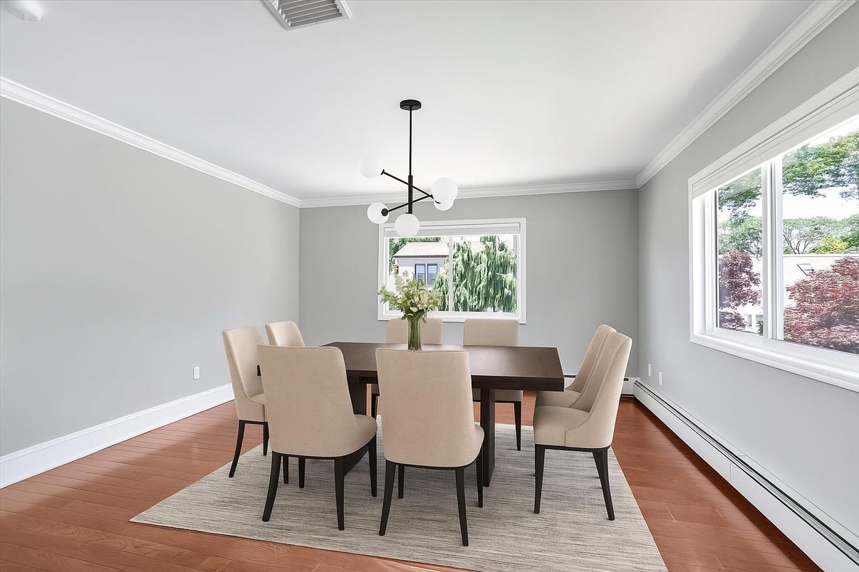 Dining room, Interior, Pendant Lights, Wood Texture Flooring