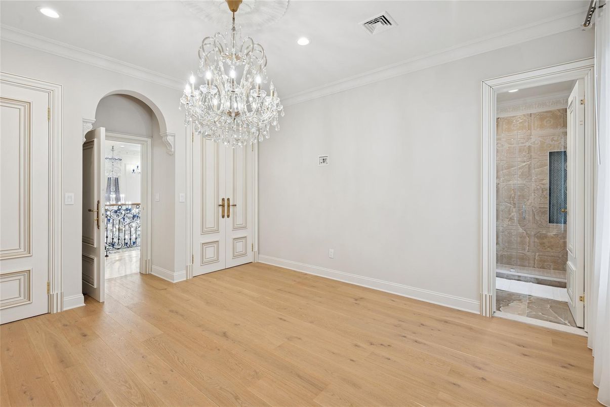 Chandelier, Empty room, Interior, Recessed Lighting, Wood Texture Flooring