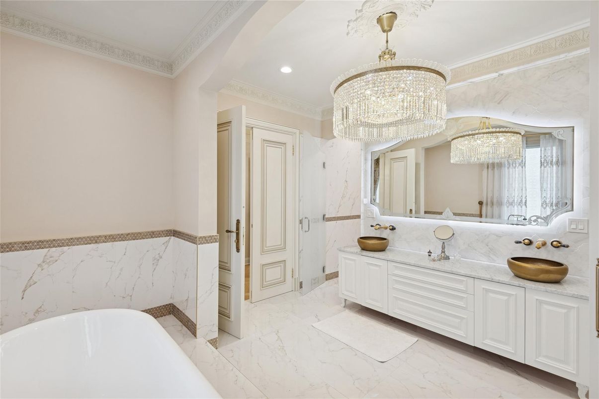 Bathroom, Chandelier, Dual Sink Vanities, Interior, Marble, Marble Walls, Recessed Lighting