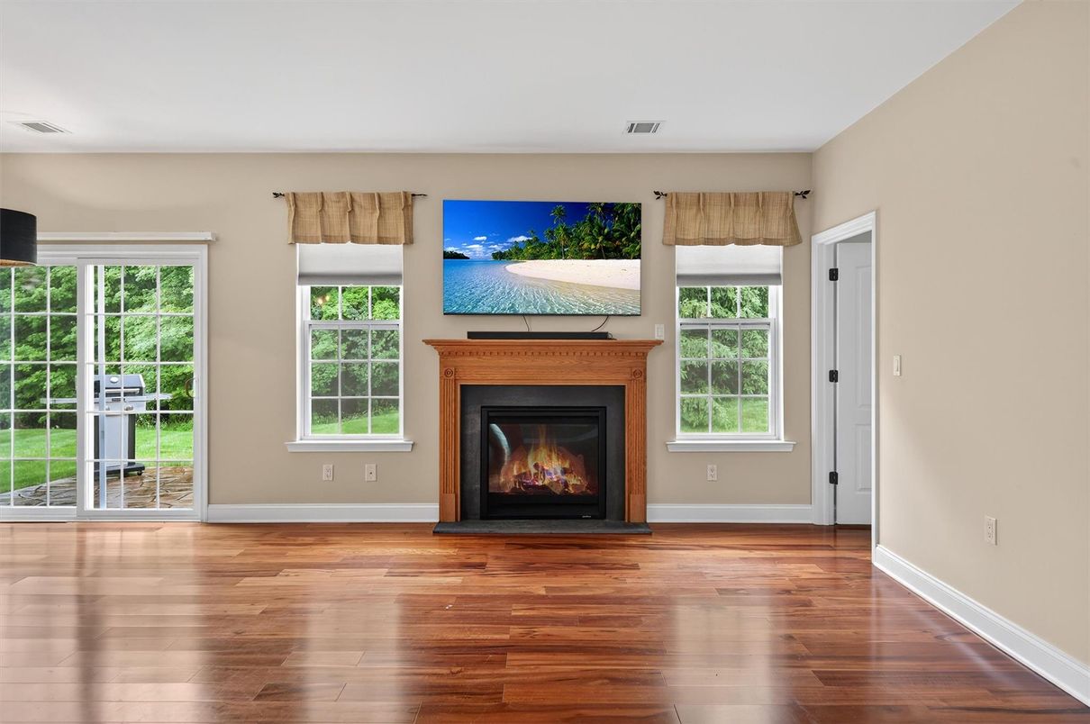 Empty room, Fireplace, Interior, Recessed Lighting, Wood Texture Flooring