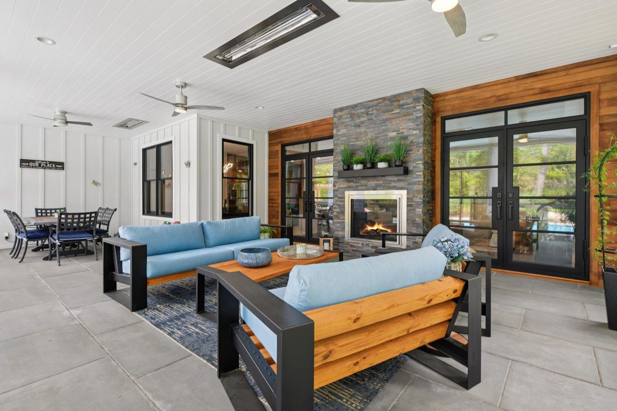 Dining room, Fireplace, Interior, Living room, Recessed Lighting, Stone Walls